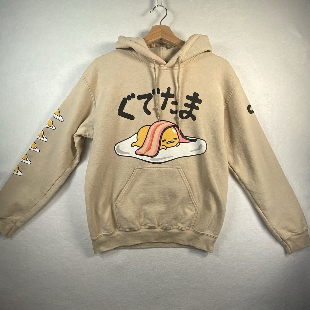 Sanrio Gudetama Hoodie Women Small Tan Lazy Egg Graphic Kawaii Anime Streetwear